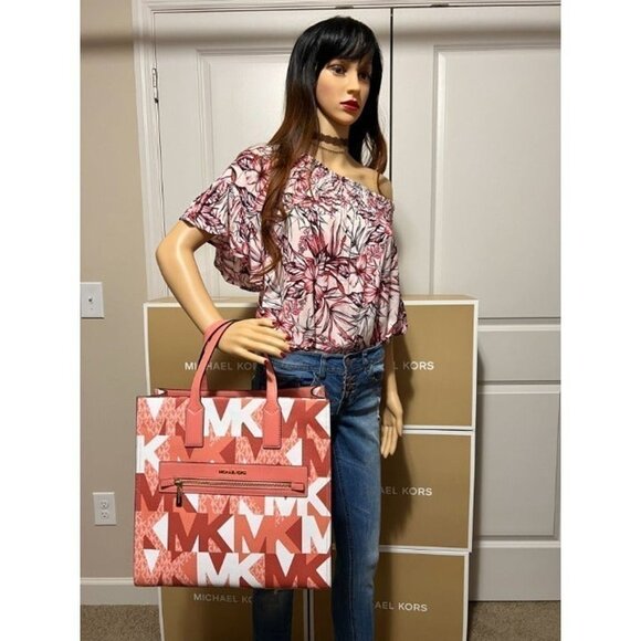 Michael Kors Kenly Tote Large MK Signature Purse Bag Sherbert Multi - Picture 11 of 12